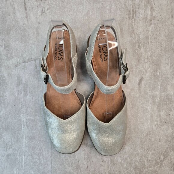 Toms Jaclyn Maryjane Pumps Leather Silver Dressy Low Block Heel Comfort Shoe 6.5 - Picture 2 of 13